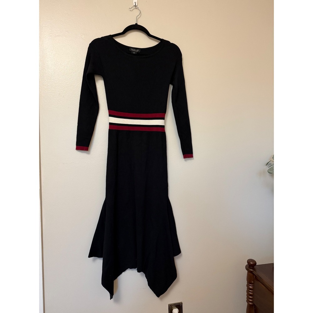 Rachel Zoe Black Ribbed Knit Midi Dress Striped Waist Handkerchief Hem Small